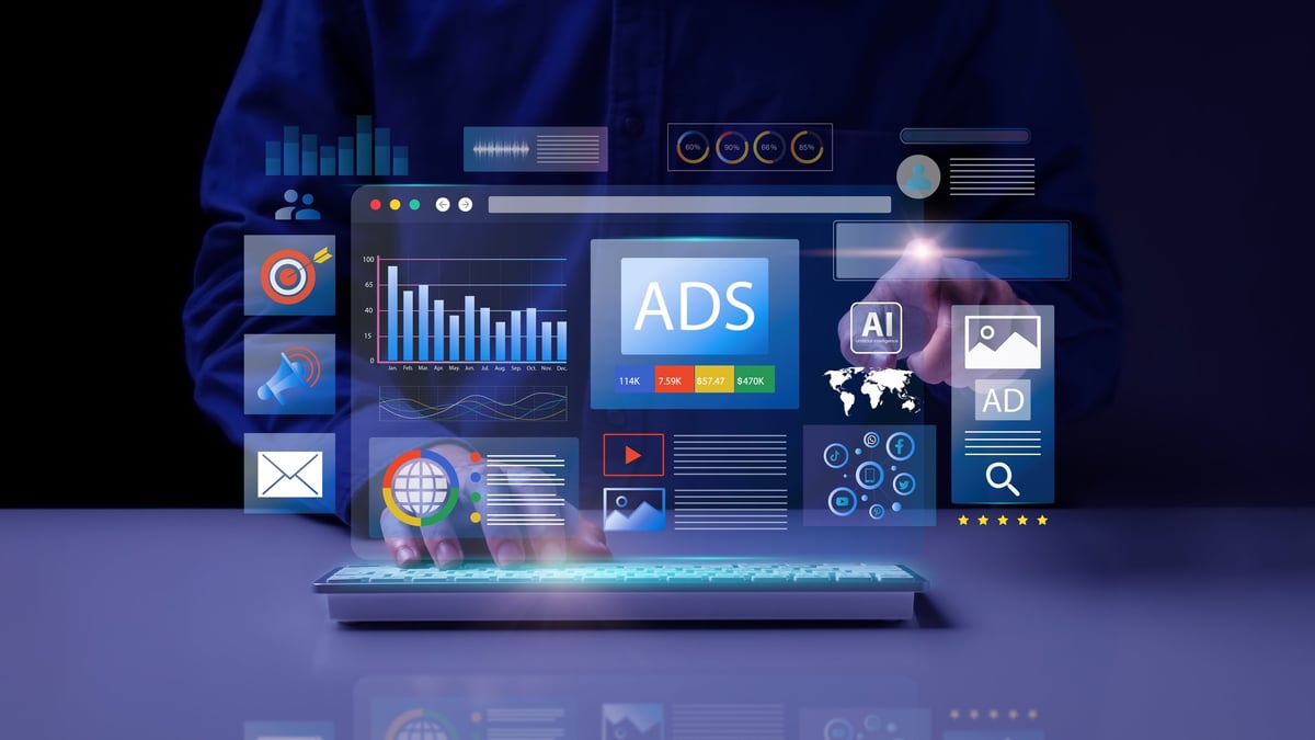 Digital marketing ads dashboard showing campaign performance, audience targeting data, and advertising analytics