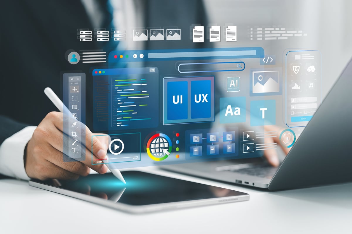 Website design and development workspace showing responsive layouts across desktop and mobile screens