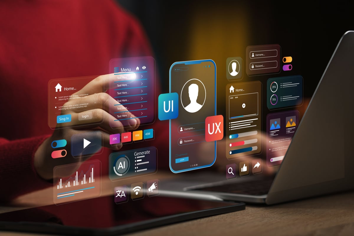 Website design mockups showing different page layouts, responsive designs, and UI concepts