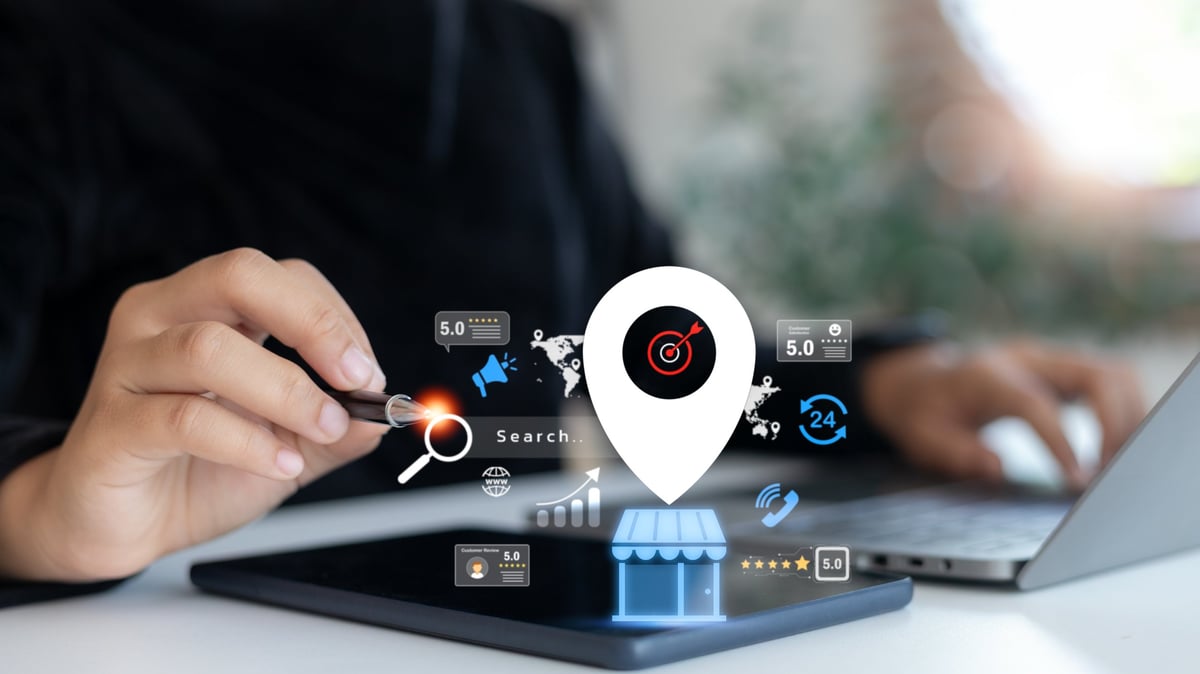 Google Business Profile listing showing local search results, maps visibility, and customer reviews