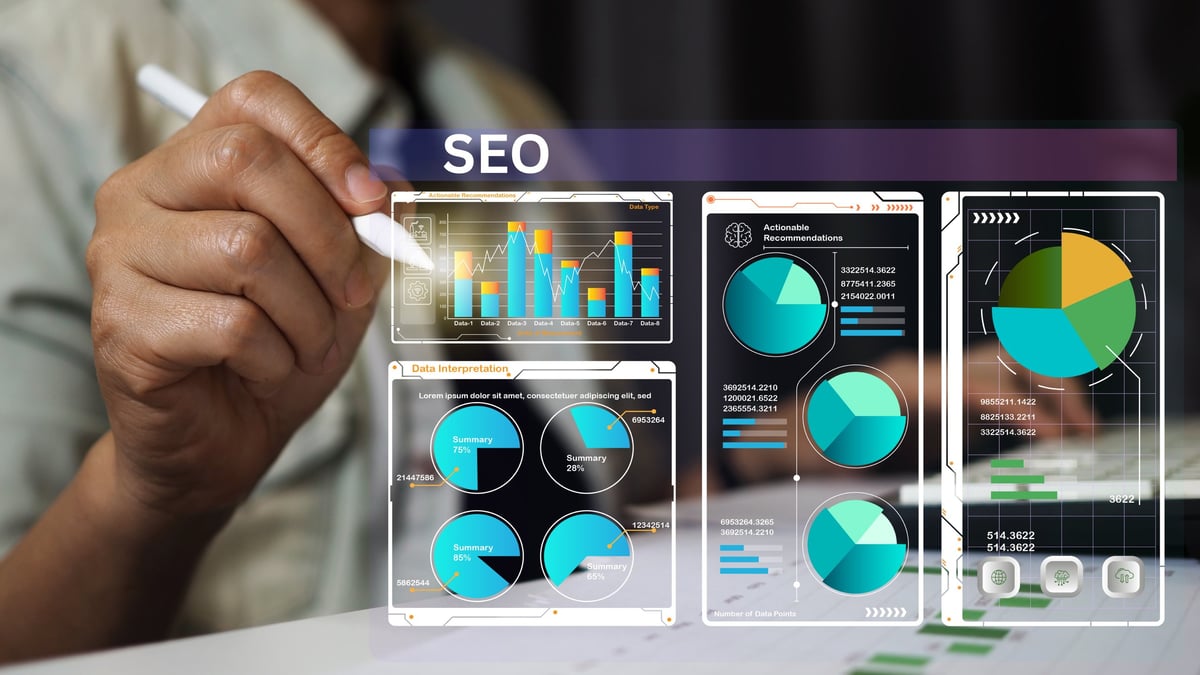 SEO analytics dashboard showing keyword rankings, search performance data, and optimization insights